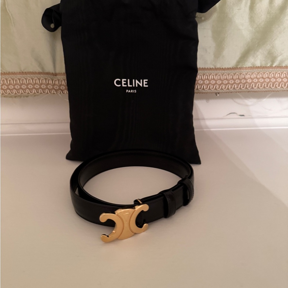 Celine Black Leather Belt with Gold Logo Buckle
